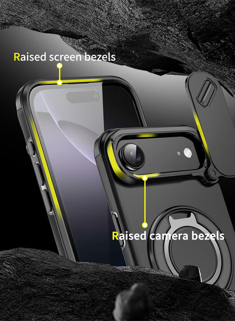 iPhone 17 Air Magnetic Slide Camera Case – 360° Ring Stand, Shockproof, Black